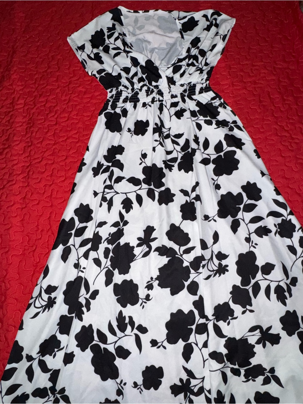 White Maxi Dress with Black Floral Print and Smocked Waist - Picture 2 of 3